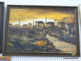 FRAMED AND SIGNED OIL ON CANVAS OF SPANISH TOWN WITH STREAM. IN BROWN PAINTED FRAME: 39.25