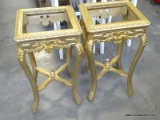 PAIR OF GOLD GILT LAMP TABLE BASES. HEAVILY CARVED. HAVE ACANTHUS LEAF KNEES AND CARVED SKIRTS.