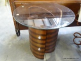 MODERN ROUND WOOD AND CHROME BASED END TABLE WITH A BEVELED GLASS TOP: 24