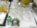 MISC. LOT: 10 ETCHED GLASS SHRIMP STEMS. GLAZED POTTERY ELEPHANT VASE. GLAZED CERAMIC FROG.