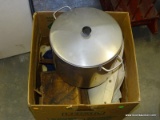 MISC. LOT: ALUMINUM STOCK POT. FOOTBALL UNIFORM. 2 GRAIN PAINTED VICTORIAN GLOVE BOXES. ETC.