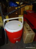 VINTAGE CARRY ON SUITCASE BY SAMSONITE. COLEMAN 5 GALLON WATER COOLER. WOODEN HANGING SHELF: