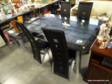 MODERN CHROME AND GLASS TOP DINING TABLE AND 4 VALENCIA CHROME AND FAUX LEATHER CHAIRS. GLASS TOP