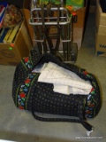 CLOTH CARRYING TOTE WITH WEAVING LOOM KITS AND BOOKLETS. INCLUDES ROLLING FOLDING BAG CARRIER.