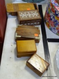 5 WOODEN BOXES: MEN'S JEWELRY BOX. INLAID ROSEWOOD BOX. ROSEWOOD BOX WITH SILVER-PLATE CORNERS. REGE