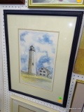 FRAMED AND DOUBLE MATTED WATERCOLOR PRINT OF THE NEW POINT LIGHTHOUSE. SIGNED BY MARY JANE THOMAS