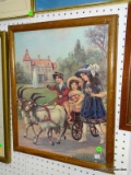 FRAMED VICTORIAN REPRODUCTION PRINT OF CHILDREN IN A GOAT CART IN PINE FRAME: 18