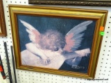 FRAMED PRINT ON BOARD OF A CHERUB PLAYING MANDOLIN. IN MAPLE AND GOLD FRAME: 19