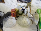 MISC. LOT: PRESSED GLASS BOWLS. COFFEE MUGS. DESSERT PLATES. BERRY BOWLS. 5