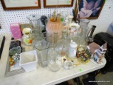 LARGE LOT OF FLOWER VASES. PORCELAIN LIGHT UP CHURCH. ETC.