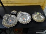 4 SHELL PATTERNED SILVER PLATE TRAYS. 2 LEONARD. 1 WITH CANDLE HOLDERS. 1 LIFT TOP CONDIMENT DISH.