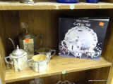 2 SETS OF SILVER PLATE TEA SERVINGS: 4 PIECE SILO SET WITH GREEK KEY DESIGN (TEAPOT, CREAM AND