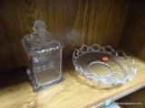 SHELF LOT: ANTIQUE LIDDED CANDY JAR WITH DOUBLE LION'S HEAD FINIAL AND LIONS HEADS ON EACH CORNER: