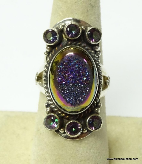 .925 STERLING SILVER GORGEOUS DESIGNER PURPLE/BLUE TITANIUM WINDOW DRUZY RING WITH AMETHYST ACCENTS.