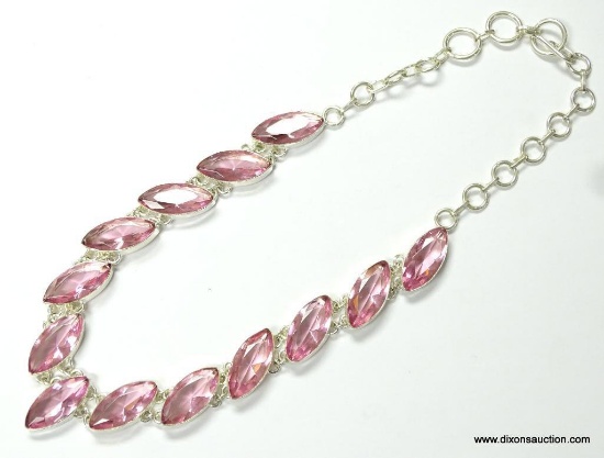 .925 STERLING SILVER 18''-20'' GORGEOUS DESIGNER FACETED AND HEAVY MARQUISE CUT PINK TOPAZ NECKLACE