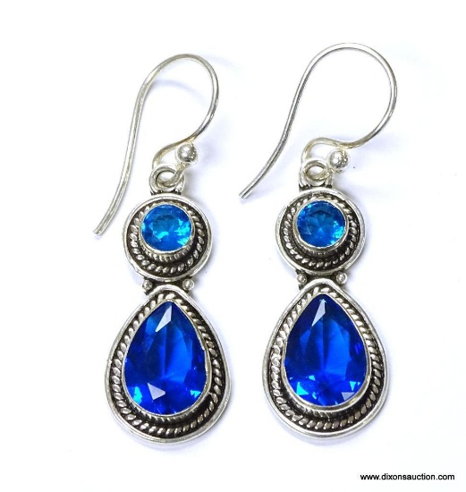 .925 STERLING SILVER 2 1/8'' BEAUTIFUL LONDON BLUE AND SWISS BLUE 2-TIER DROP DESIGNER EARRINGS