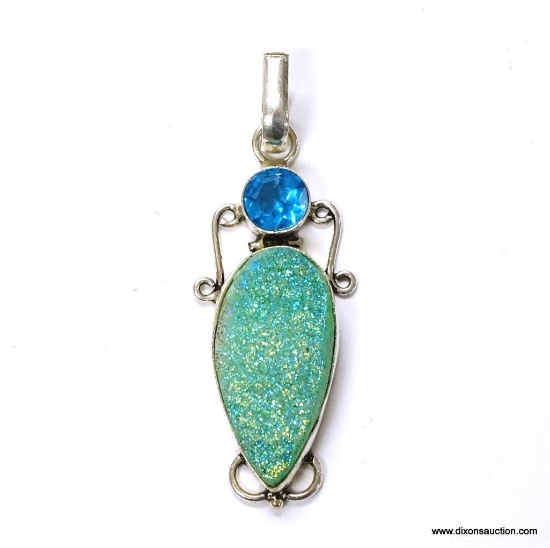 .925 STERLING SILVER 2'' UNIQUE HANDMADE GORGEOUS TITANIUM TURQUOISE DRUZY WITH SWISS BLUE ACCENTS