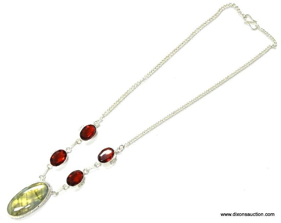 .925 STERLING SILVER 18'' AMAZING LARGE 2'' LABRADORITE DROP WITH FACETED GARNET ACCENTS WITH A