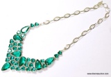 .925 STERLING SILVER 18'' GORGEOUS FACETED DESIGN HEART SHAPED ACCENT GREEN TOURMALINE NECKLACE WITH