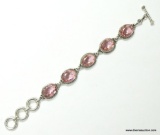 .925 STERLING SILVER 7-8'' GORGEOUS DESIGNER FACETED HEAVY PINK TOPAZ BRACELET WITH A TOGGLE CLASP