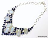 .925 STERLING SILVER 18'' HUGE SPECTACULAR MOONSTONE WITH BLUE SAPPHIRE QUARTZ NECKLACE WITH A