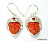 .925 STERLING SILVER 1.90'' UNIQUE CARVED CORAL GODDESS FACE WITH GARNET ACCENT EARRINGS (RETAIL