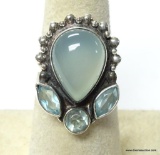 .925 STERLING SILVER RARE BLUE GRAY CHALCEDONY WITH FACETED BLUE TOPAZ DETAILED RING SIZE 6.5