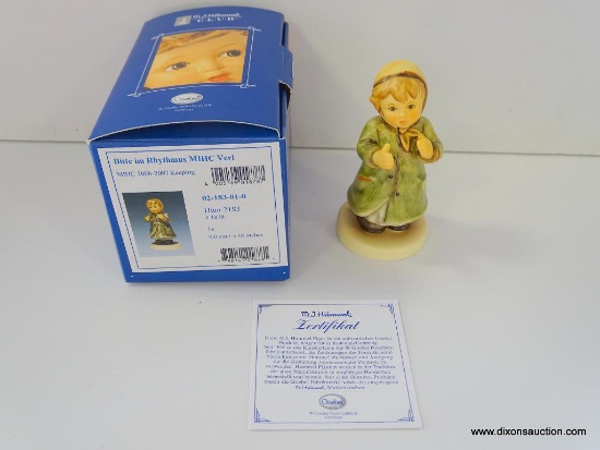 HUMMEL EXCLUSIVE EDITION KEEPING TIME FIGURINE. 3.5" TALL. HUM 2183 # 1878. IN THE ORIGINAL BOX.