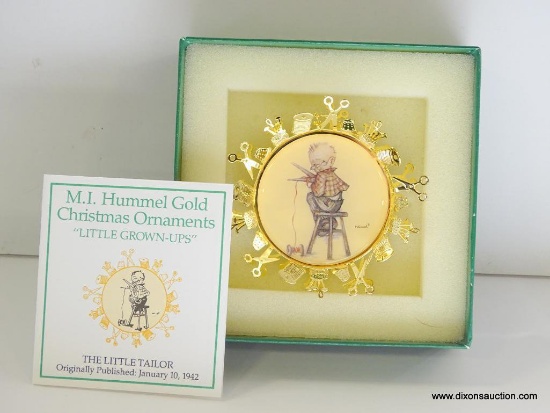 HUMMEL "LITTLE GROWN-UPS" GOLD CHRISTMAS ORNAMENT. THE LITTLE TAILOR. 3" ACROSS. IN THE ORIGINAL