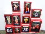 10 HALLMARK KEEPSAKE ORNAMENTS. INCLUDES A HOT AIR BALLOON ORNAMENT, A PEWTER WREATH ORNAMENT, A