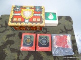 4 HALLMARK ORNAMENTS AND 1 TREASURE CHEST OF HALLMARK DOLLS/CARDS. ORNAMENTS INCLUDE TRAIN COOKIE