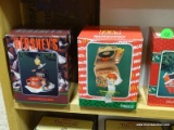 5 ENESCO ORNAMENTS. INCLUDES MCDONALD'S MCHAPPY HOLIDAYS ORNAMENT, HERSHEY'S CHOC FULL OF WISHES