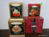 4 HALLMARK ORNAMENTS. INCLUDES SET OF 2 FROSTY FRIENDS BLOWN GLASS ORNAMENTS, WARM WELCOME ORNAMENT