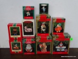 10 HALLMARK ORNAMENTS. INCLUDES TOYLAND TOWER WITH MOTION, HOLIDAY FLASH WITH BLINKING LIGHT, ELFIN