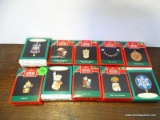 10 HALLMARK MINIATURE ORNAMENTS. INCLUDES BABY'S FIRST CHRISTMAS, SKI FOR TWO, ROUND THE MOUNTAIN,