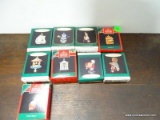 9 HALLMARK MINIATURE ORNAMENTS. INCLUDES FRIENDLY TIN SOLDIER, PERFECT BALANCE, SNUG KITTY, HEARTS