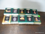 10 HALLMARK MINIATURE ORNAMENTS. INCLUDES A CHILD'S GIFTS, HONEY OF A GIFT, CLOISONNE MEDALLION,