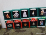 10 HALLMARK MISC. MINIATURE ORNAMENTS: TOY SHOP. BOX CAR. ELF. JOLLY VISITOR. BABY'S FIRST