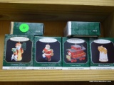 10 MINIATURE HALLMARK ORNAMENTS: 3 SANTA'S. REINDEER. CABOOSE. ALICE IN WONDERLAND CHESHIRE CAT.