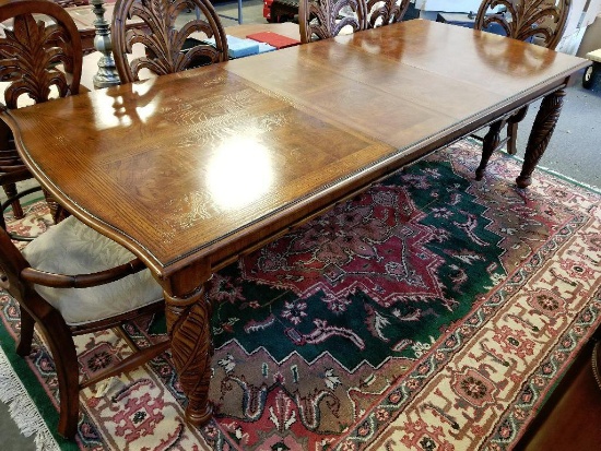 (SEC A) AMERICAN SIGNATURE CHERRY BANDED AND BURLED PARQUETED TOP TABLE WITH ACANTHUS LEAF CARVED