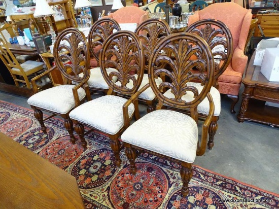 (SEC A) 6 AMERICAN SIGNATURE CHERRY PALM LEAF PATTERNED BACK CHAIRS WITH BAMBOO STYLE LEGS. 2 ARMS