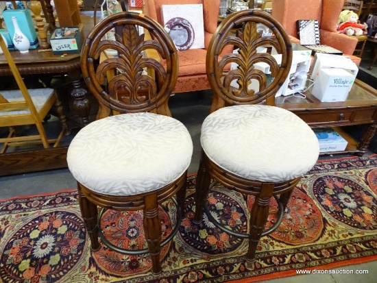 (SEC A) PAIR OF AMERICAN SIGNATURE PALM LEAF PATTERNED BACK BAR CHAIRS WITH BAMBOO CARVED FEET: