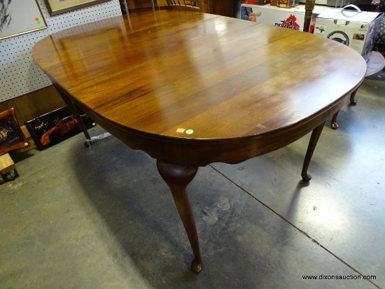 (SEC B) SOLID MAHOGANY CRAFTIQUE QUEEN ANNE DINING TABLE WITH 3 LEAVES. LEAVES ARE 12" WIDE EACH.