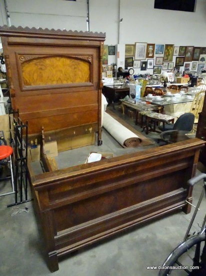 (B SIDE) BEAUTIFUL ANTIQUE VICTORIAN WALNUT BED COMPLETE WITH RAILS: 56.5" BETWEEN RAILS. HEADBOARD