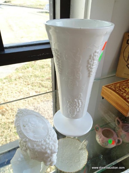 (WR) LOT OF 2 PIECES OF MILK GLASS. TALL FOOTED VASE DECORATED WITH GRAPES 9.75" TALL AND VERY NICE