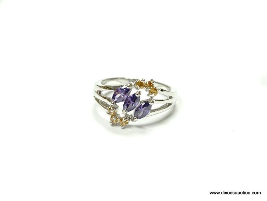 LADIES .925 STERLING SILVER RING WITH PURPLE AMETHYST CENTER STONES & OUTER CITRINE GEMSTONES. THE