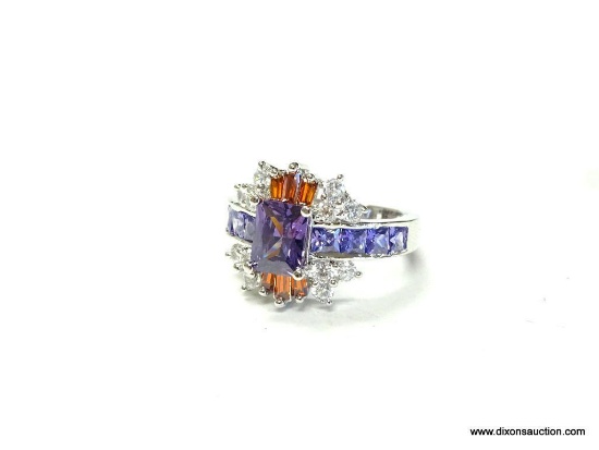 BEAUTIFUL LADIES .925 STERLING SILVER STATEMENT RING WITH PURPLE AMETHYST, CUBIC ZIRCONIA & CITRINE
