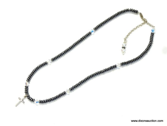 .925 STERLING SILVER CROSS ON STRAND OF TITANIUM & CUBIC ZIRCONIA BEADED NECKLACE WITH .925 STERLING