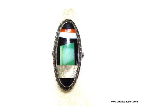 VINTAGE NATIVE AMERICAN MADE STERLING SILVER INLAID STONE RING SIZED AT 6. RING MEASURES 1 9/16"
