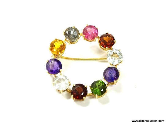 18K Gold Multi-Color Gemstone Antique Circle Pin. Measures 1.25" in diameter. Weighs 6.9 grams. A